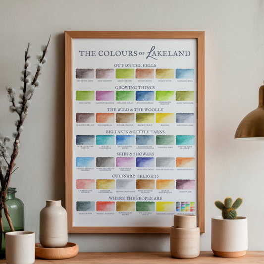 Framed artwork titled 'The Colours of Lakeland' on a wall with decorative items below.