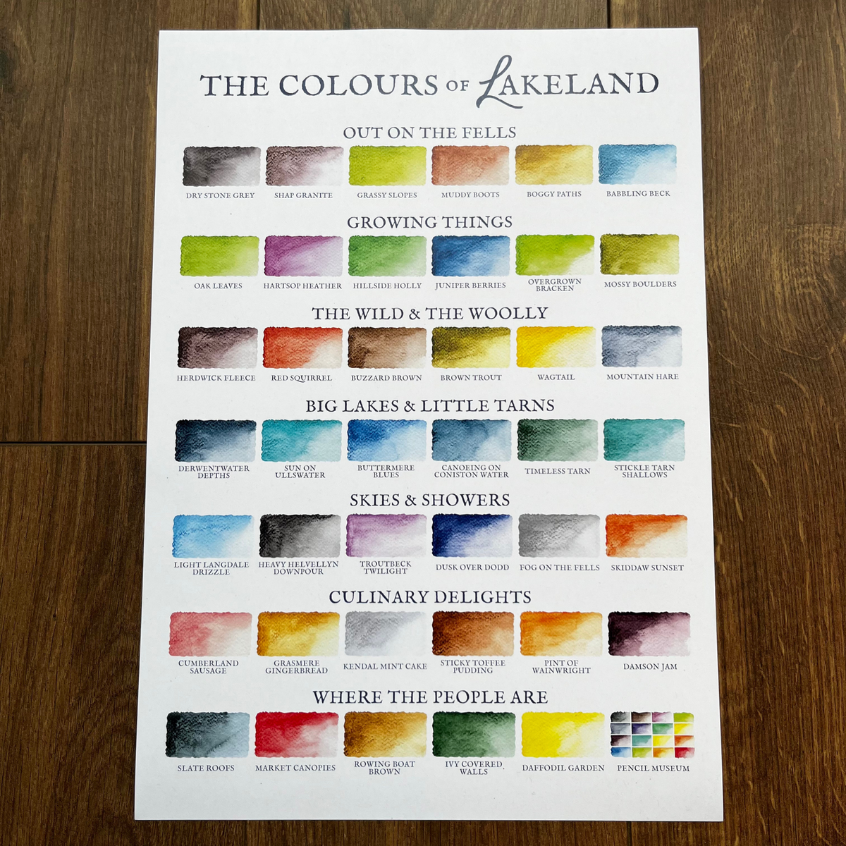Poster titled 'The Colours of Lakeland' with watercolor swatches on a wooden surface