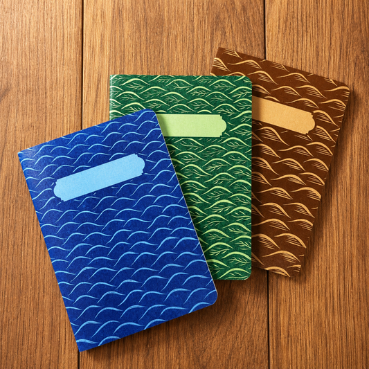 Three lino print patterned notebooks in blue, green, and brown are arranged on a wooden surface. Each item has a repeating wave-like pattern and a small rectangular label area near the top.