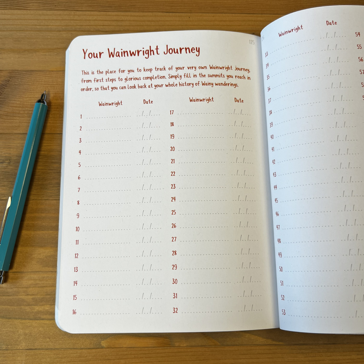 Open notebook with a Wainwright Journey tracking system on a wooden surface, accompanied by a pen.