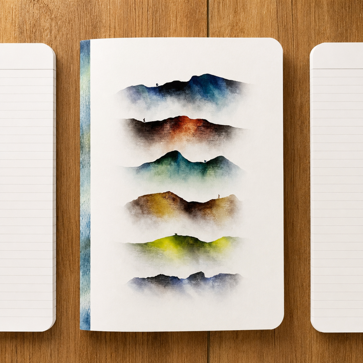 A white notebook with a watercolour mountain landscape illustration on the cover, displayed on a wooden surface between two lined paper sheets.