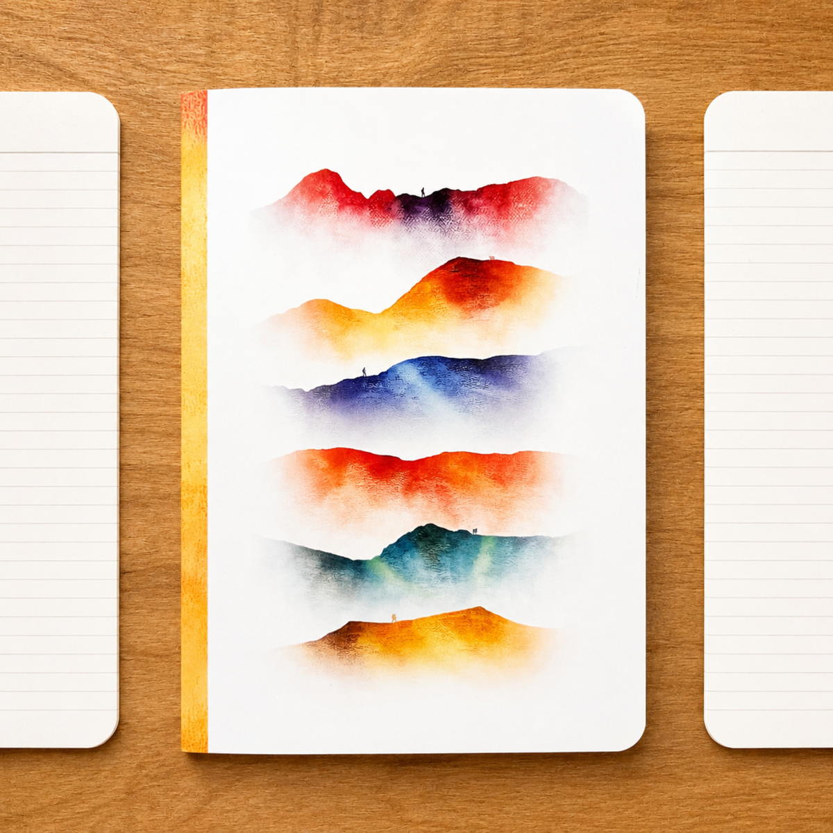A white notebook with a colorful watercolor mountain landscape cover sits on a wooden surface, flanked by two partially visible lined paper sheets.