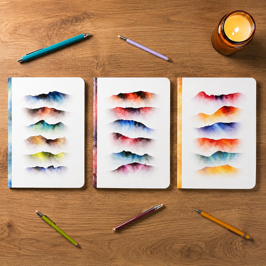 Three white notebooks with colourful watercolour mountain designs are arranged on a wooden desk, surrounded by coloured pencils and a lit amber candle.