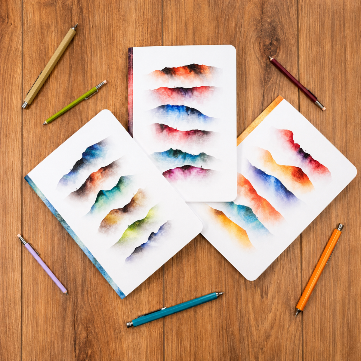 Three white sketchbooks with colourful watercolour landscape sketches are arranged on a wooden table, surrounded by coloured pencils.