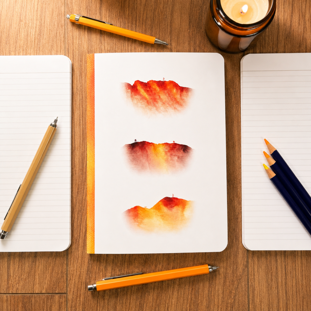 A white notebook with three watercolour mountain designs in orange, red, and yellow. Surrounding the notebook are lined paper sheets, yellow pencils, a wooden pen, and a lit candle.