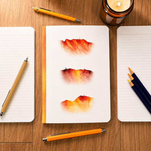 A white notebook with three watercolour mountain designs in orange, red, and yellow. Surrounding the notebook are lined paper sheets, yellow pencils, a wooden pen, and a lit candle.
